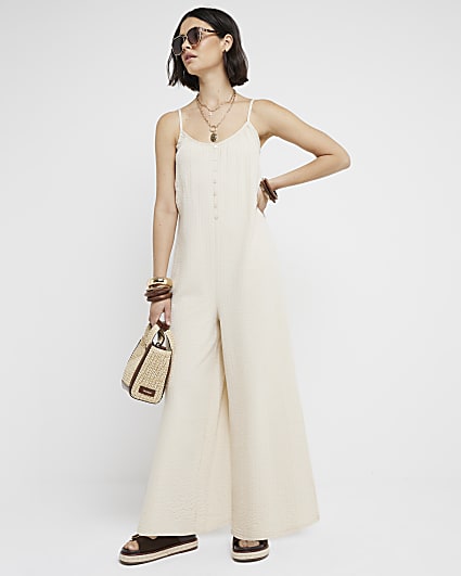 Cream textured button jumpsuit