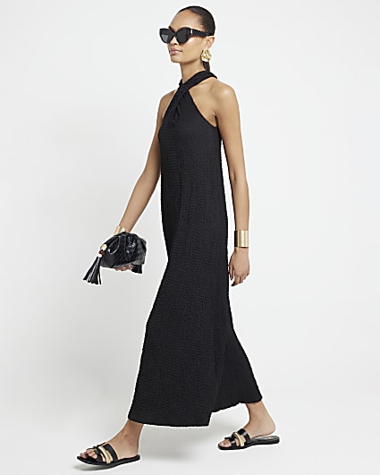 Black textured halter neck swing maxi dress