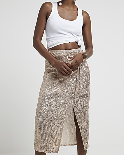 Rose gold sequin drape midi skirt