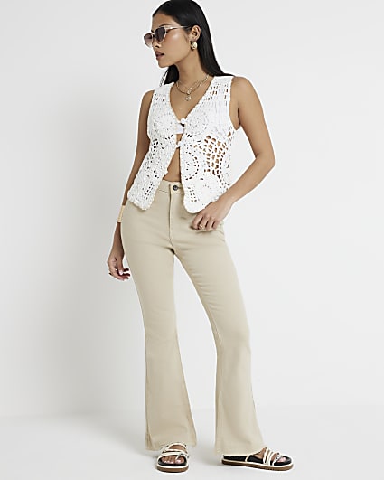 Petite Beige High Waisted Flared Jeans