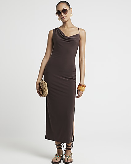 Brown asymmetric cowl neck bodycon midi dress