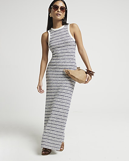 Petite navy crochet stripe bodycon maxi dress