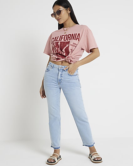 Petite blue high waisted slim straight jeans