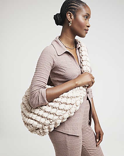 Beige Quilted Scoop Shoulder Bag