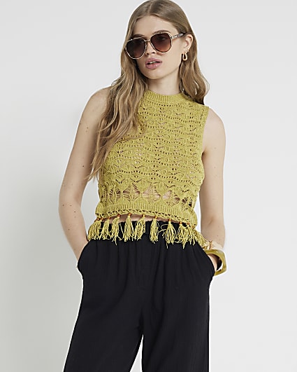 Khaki crochet fringe hem tank top