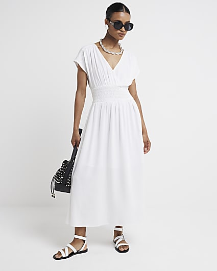 White linen blend shirred skater midi dress