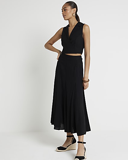 Black linen blend midi skirt