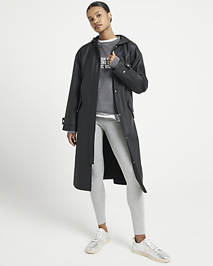 Black tie waist hooded rain coat