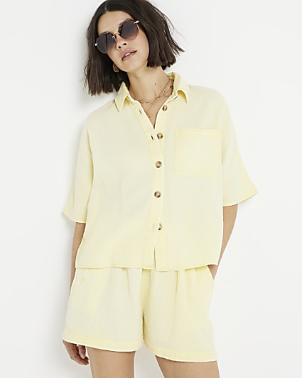 Yellow textured cropped shirt