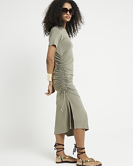 Khaki ruched side t-shirt midi dress