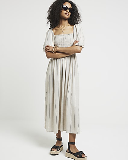 Stone stripe puff sleeve smock midi dress