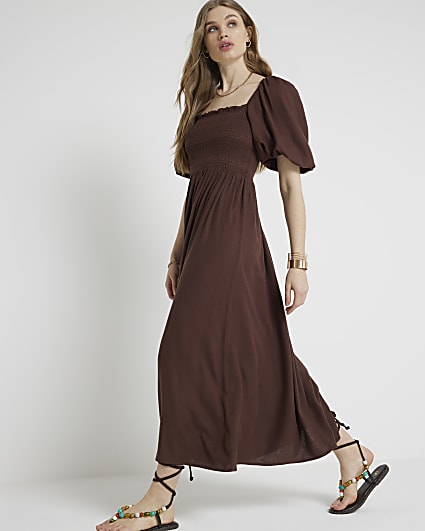 Brown Puff Sleeve Smock Midi Dress