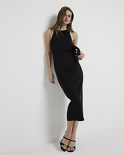 Black ribbed cut out bodycon midi dress