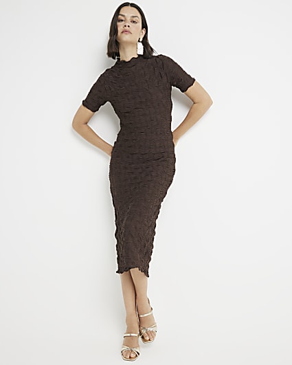 Brown textured midi dress