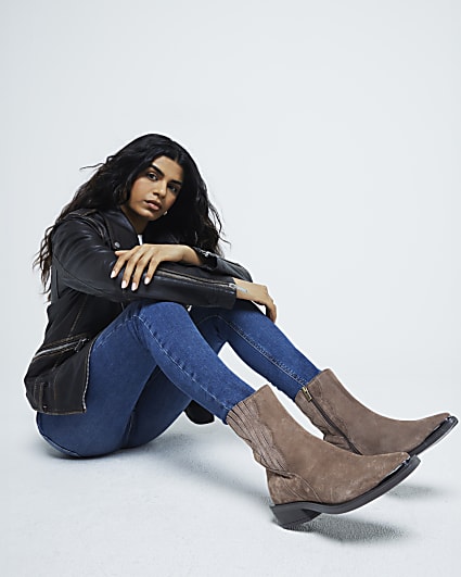 Beige Suede Western Ankle Boot