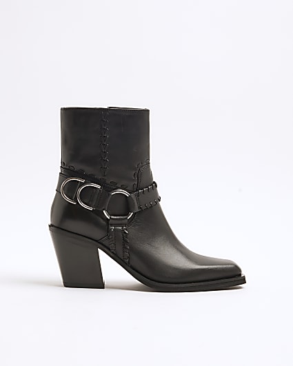 Black Leather Buckle Western Ankle Boots