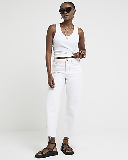 White relaxed straight fit cropped jeans