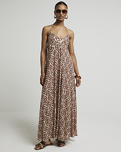 Brown embellished maxi slip dress