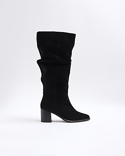 Black Ruched Suede Boots