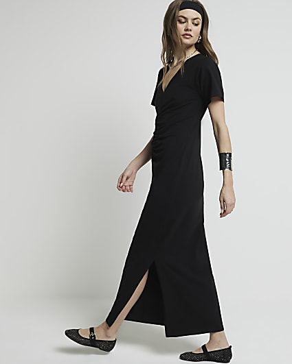 Black ruched t-shirt maxi dress