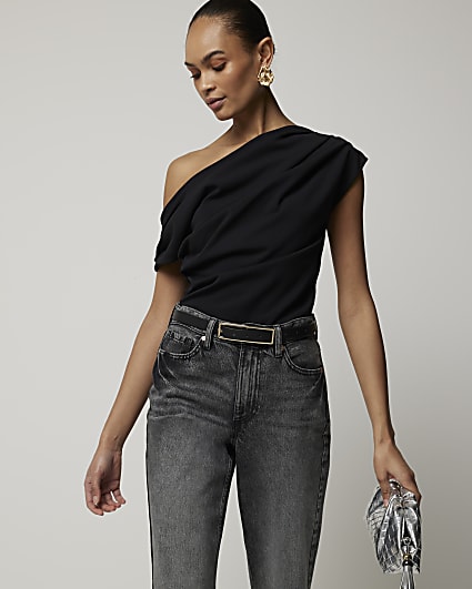 Black off shoulder drape top