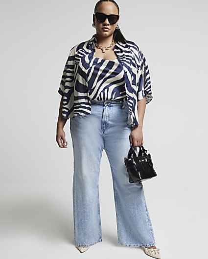 Plus navy satin animal print crop shirt