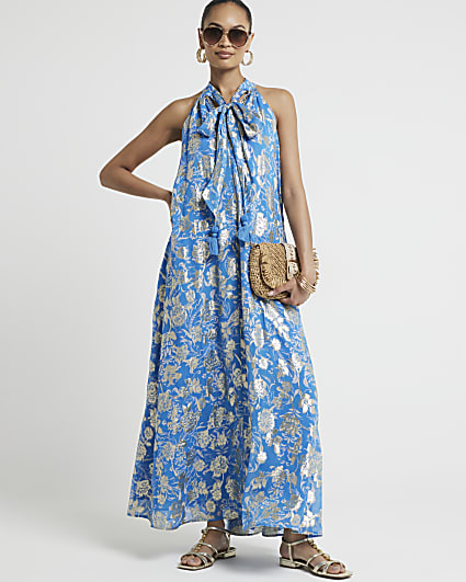 Blue floral glitter shift maxi dress