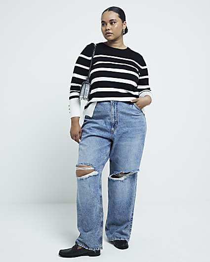 Plus Black Stripe fine knit long sleeve top