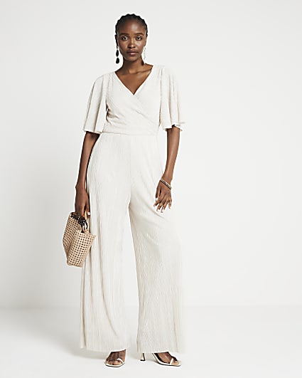 Cream plisse wide leg jumpsuit