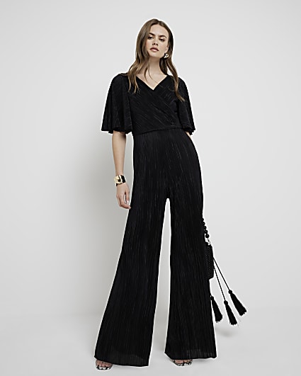 Black plisse wrap jumpsuit