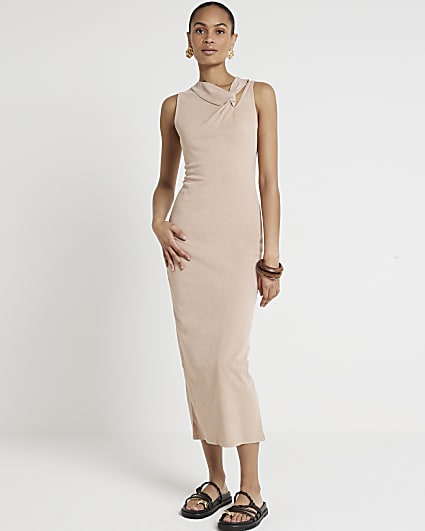 Beige knot detail bodycon maxi dress