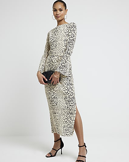 Beige plisse leopard print bodycon midi dress