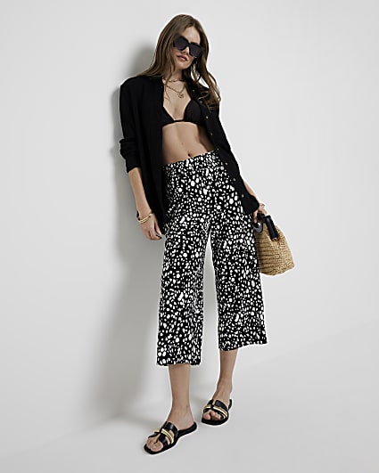 Black spot shirred crop wide leg trousers