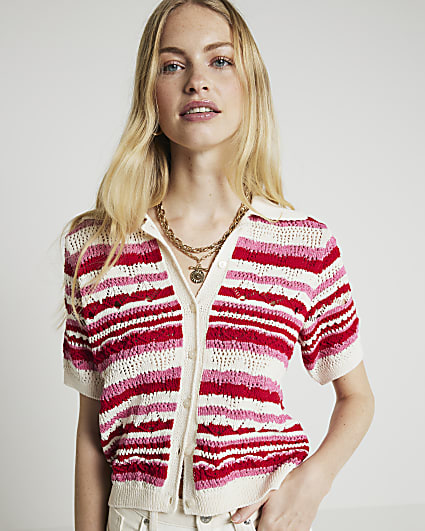 Pink crochet stripe polo top