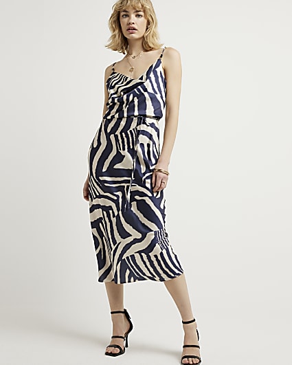 Navy satin animal print slip midi dress