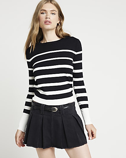 Black Fine Knit Stripe Long Sleeve Top