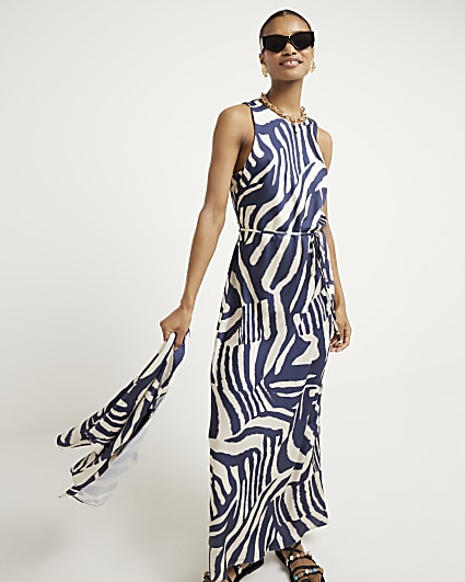 Navy satin animal print slip maxi dress