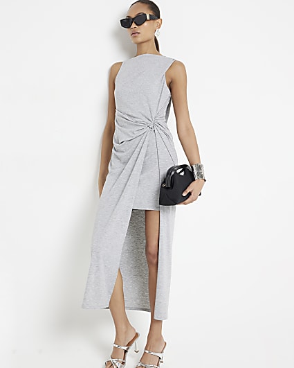 Grey cowl back bodycon midi dress