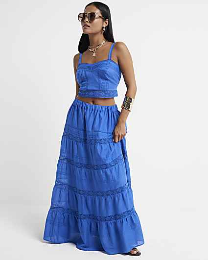 Petite blue tiered maxi skirt