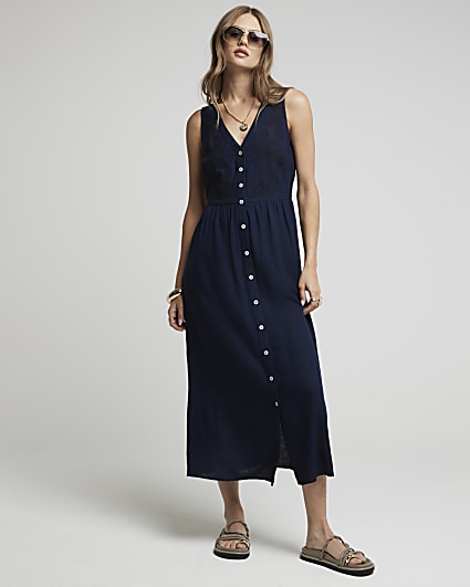 Navy linen blend embroidered smock midi dress