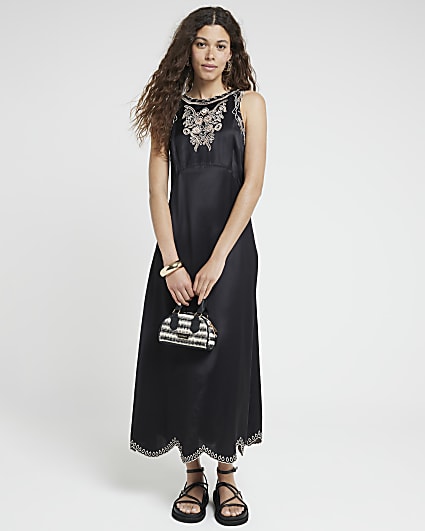 Black broderie Slip Midi Dress