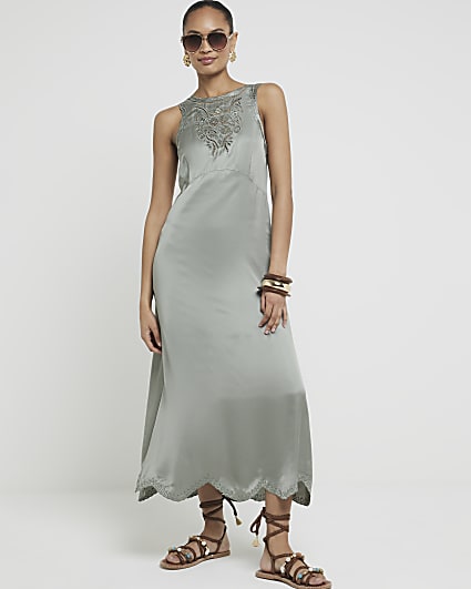 Khaki broderie slip midi dress