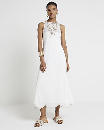 White broderie slip midi dress