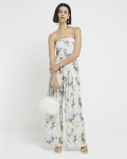 Blue floral print bandeau Jumpsuit