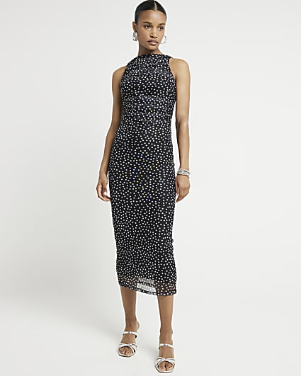 Black mesh spot ruched bodycon midi dress