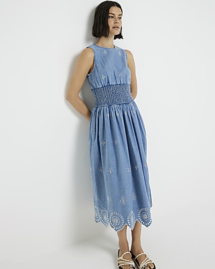 Blue denim broderie skater midi dress