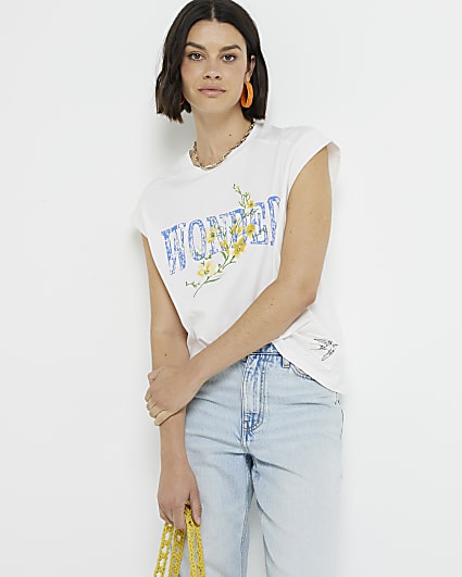 Cream floral graphic rib cuff t-shirt