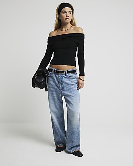 Black ribbed knot bardot top