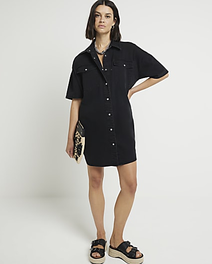 Black Denim Mini Shirt Dress