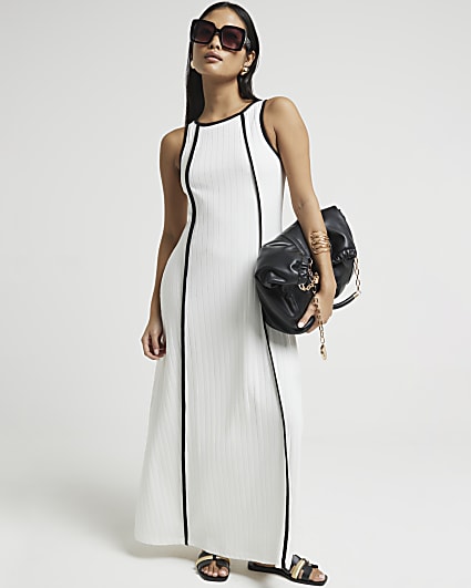 Petite white ribbed taped swing maxi dress